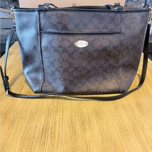 Coach Signature Brown PVC & Leather Tote Shoulder Bag w/ Crossbody Strap